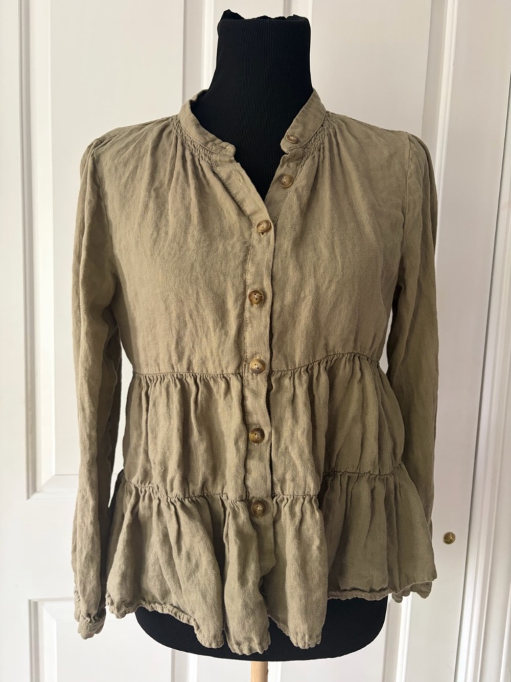 Zara Olive Tiered Button-Down Linen Blouse Medium